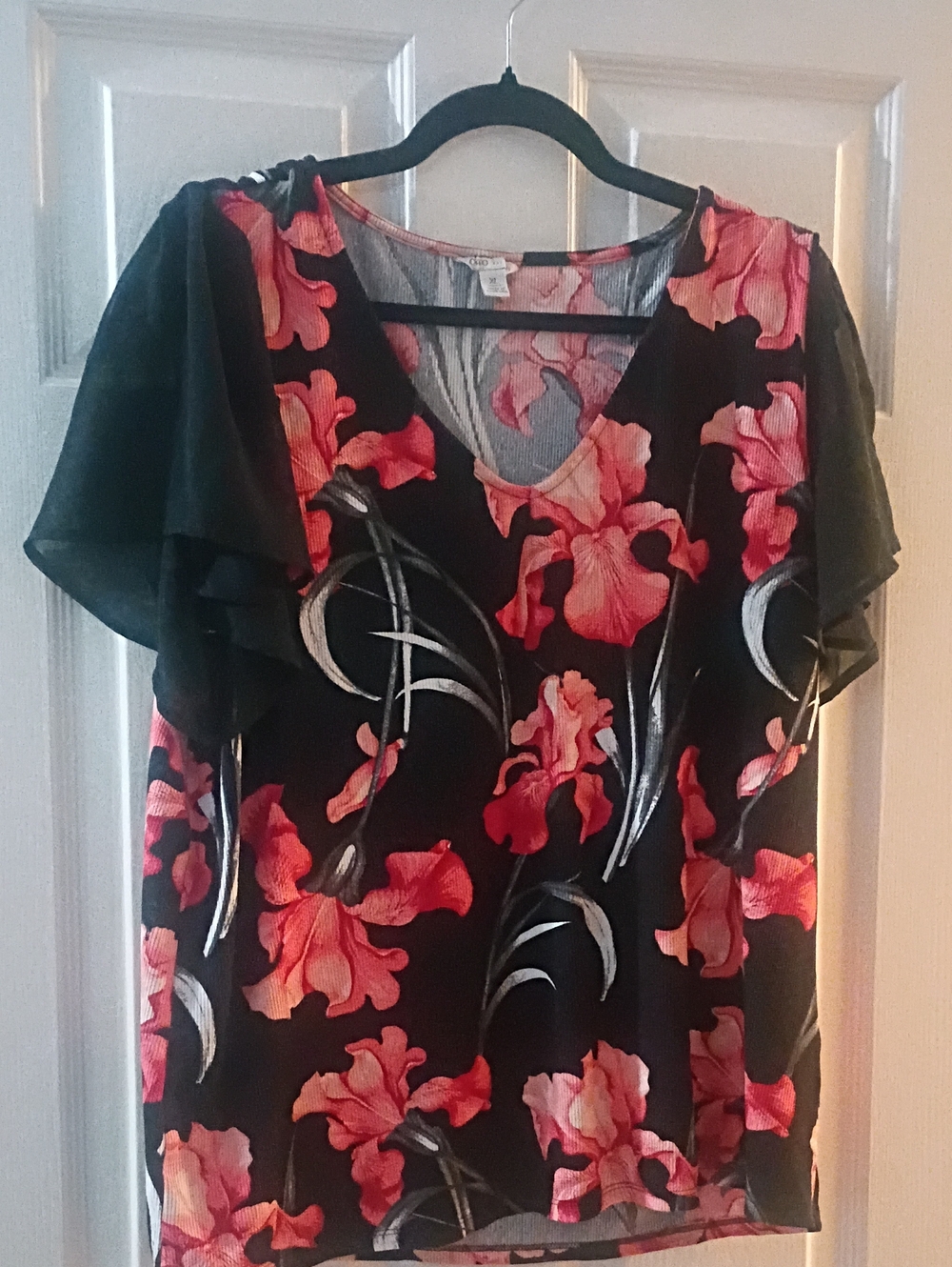 Cato Black Blouse with Coral Floral Print and Sheer Flutter Sleeves